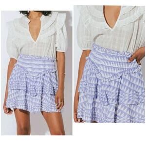 Cleobella XS Boho Ruffle Mini Skirt Organic Cotton Lilac White Smocked NWT
